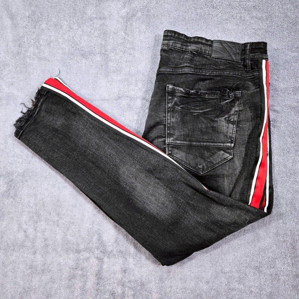 Jordan Craig Sean Jeans Mens 40x32 Black Red Side Stripe Distressed JM3367 Good‎
